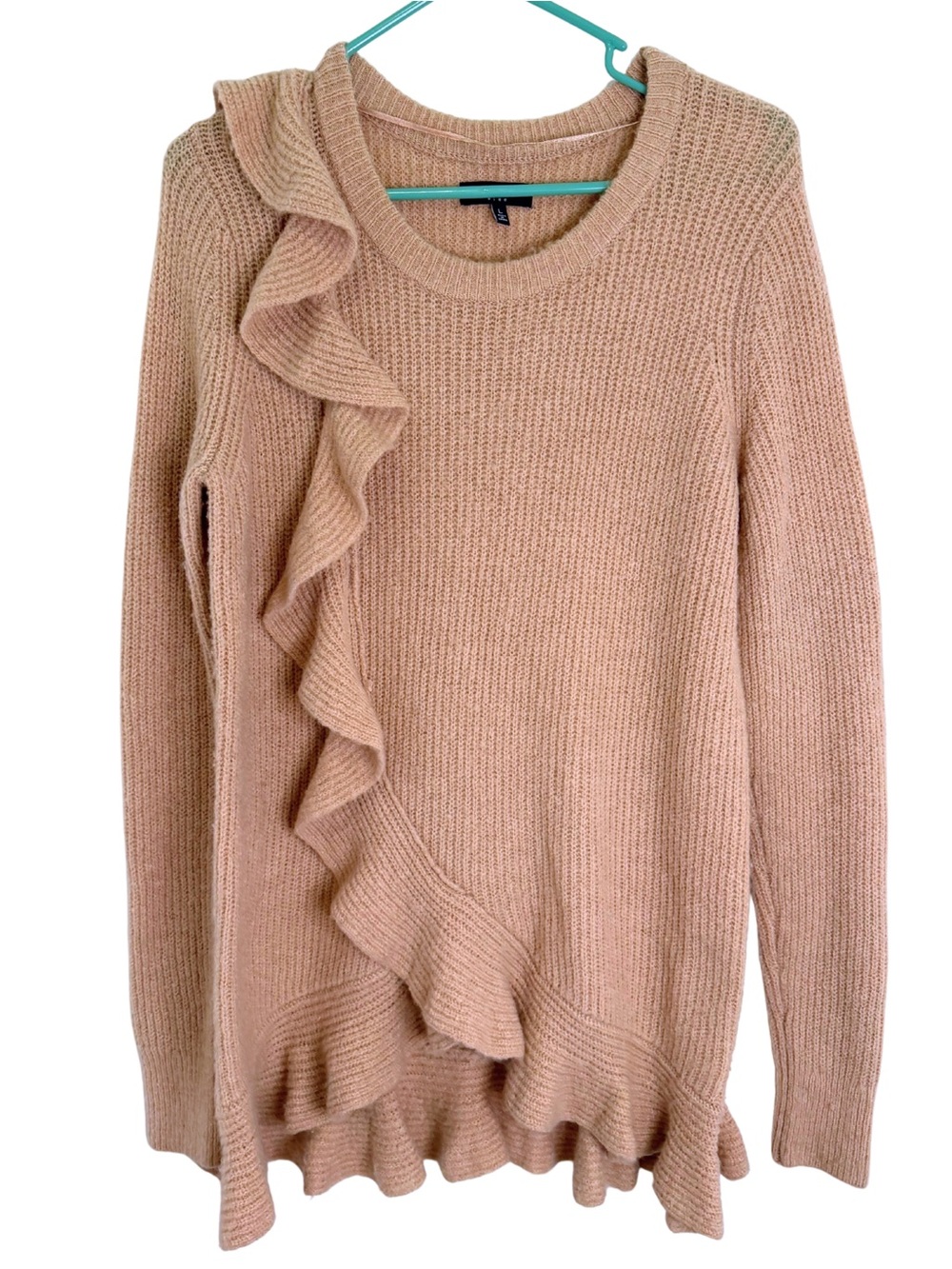 Kaari Blue Ruffle Trim Crewneck Long Sleeve Sweater in Dusty Blush